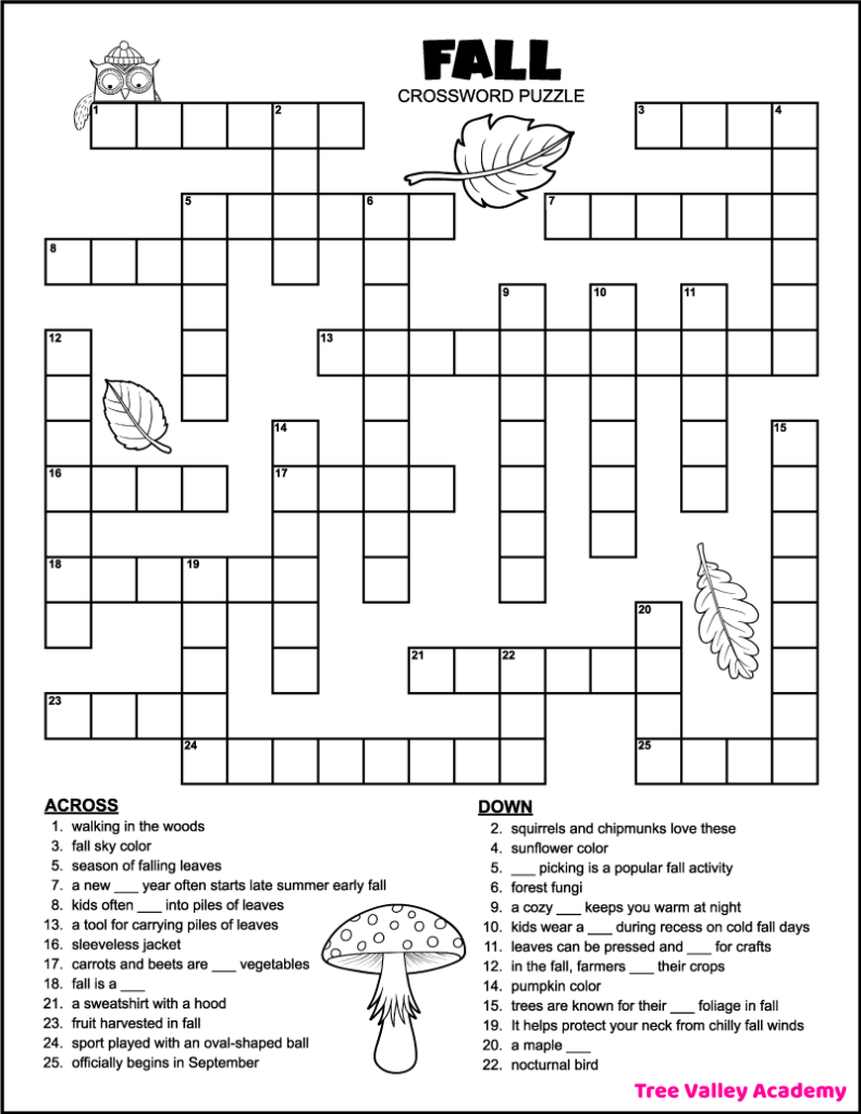printable 4th grade fall crossword puzzle - tree valley academy